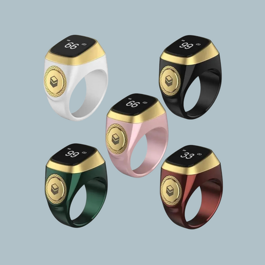 Smart Tasbih Digital Counter Rings in white, black, green, pink, and red colors displayed together