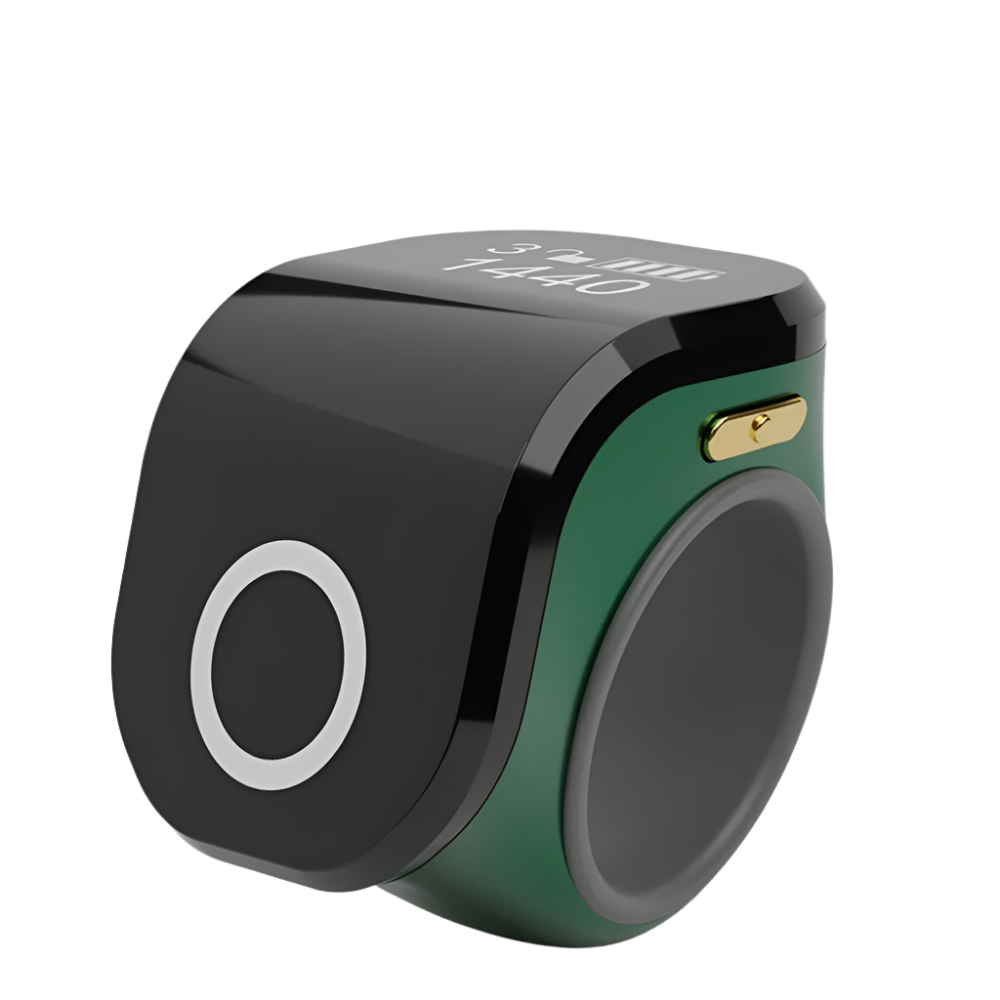 Smart Tasbih Tally Digital Counter Ring in emerald – An advanced and modern dhikr companion for seamless prayer and tasbih tracking.