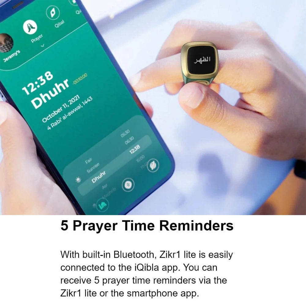 Smart Tasbih Tally Digital Counter Ring with app integration, featuring prayer time reminders and seamless dhikr tracking for modern worship.