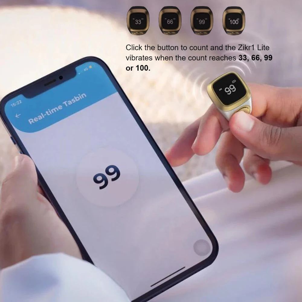 Smart Tasbih Tally Digital Counter Ring, shown with its companion app for seamless dhikr tracking and prayer management.