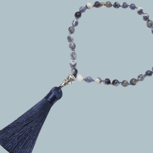 33-bead Sodalite tasbih with visible tassel and natural color variation