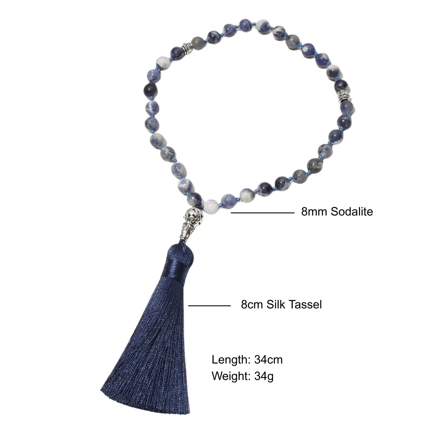 Labeled Sodalite tasbih with details of bead size, tassel length, and total length