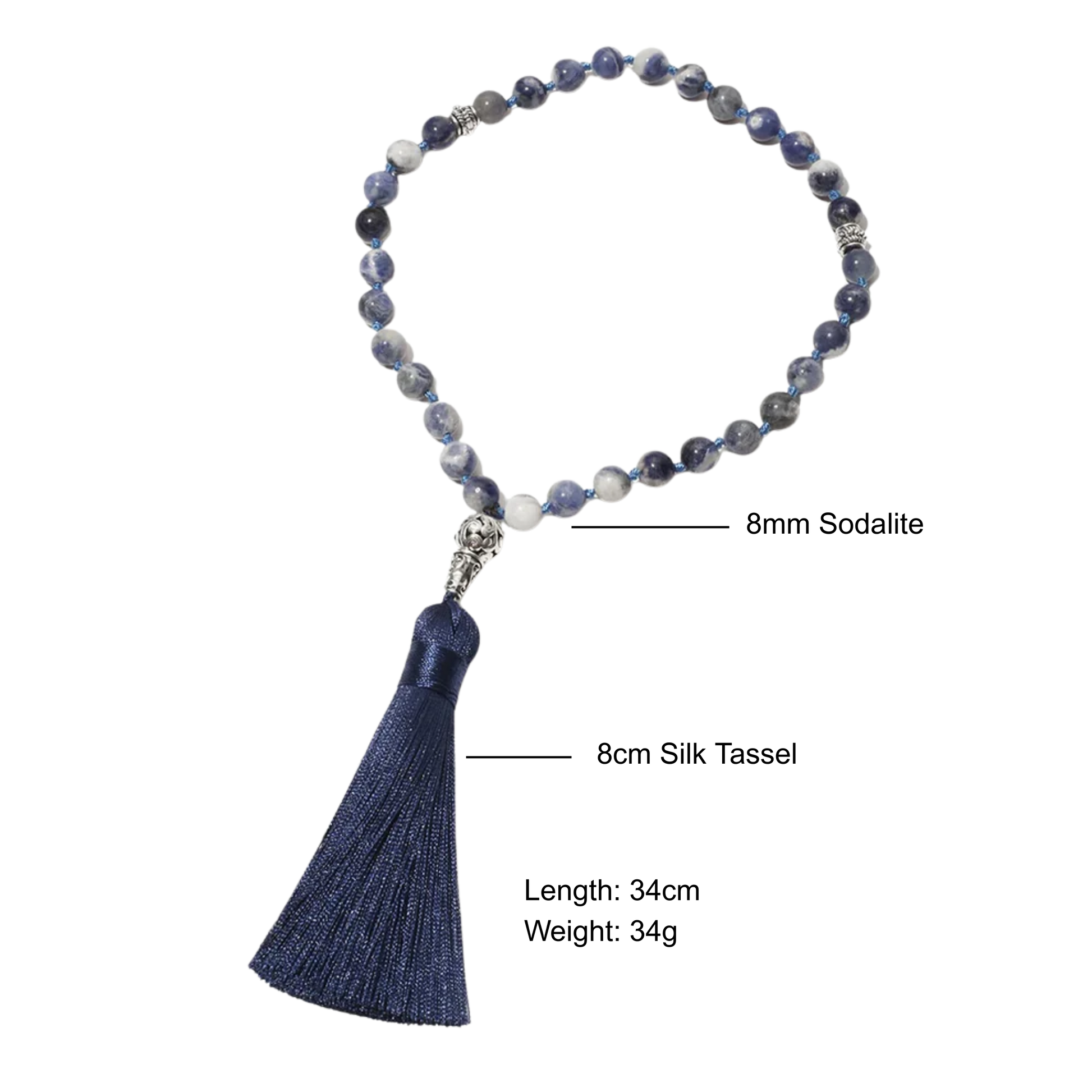 Labeled Sodalite tasbih with details of bead size, tassel length, and total length