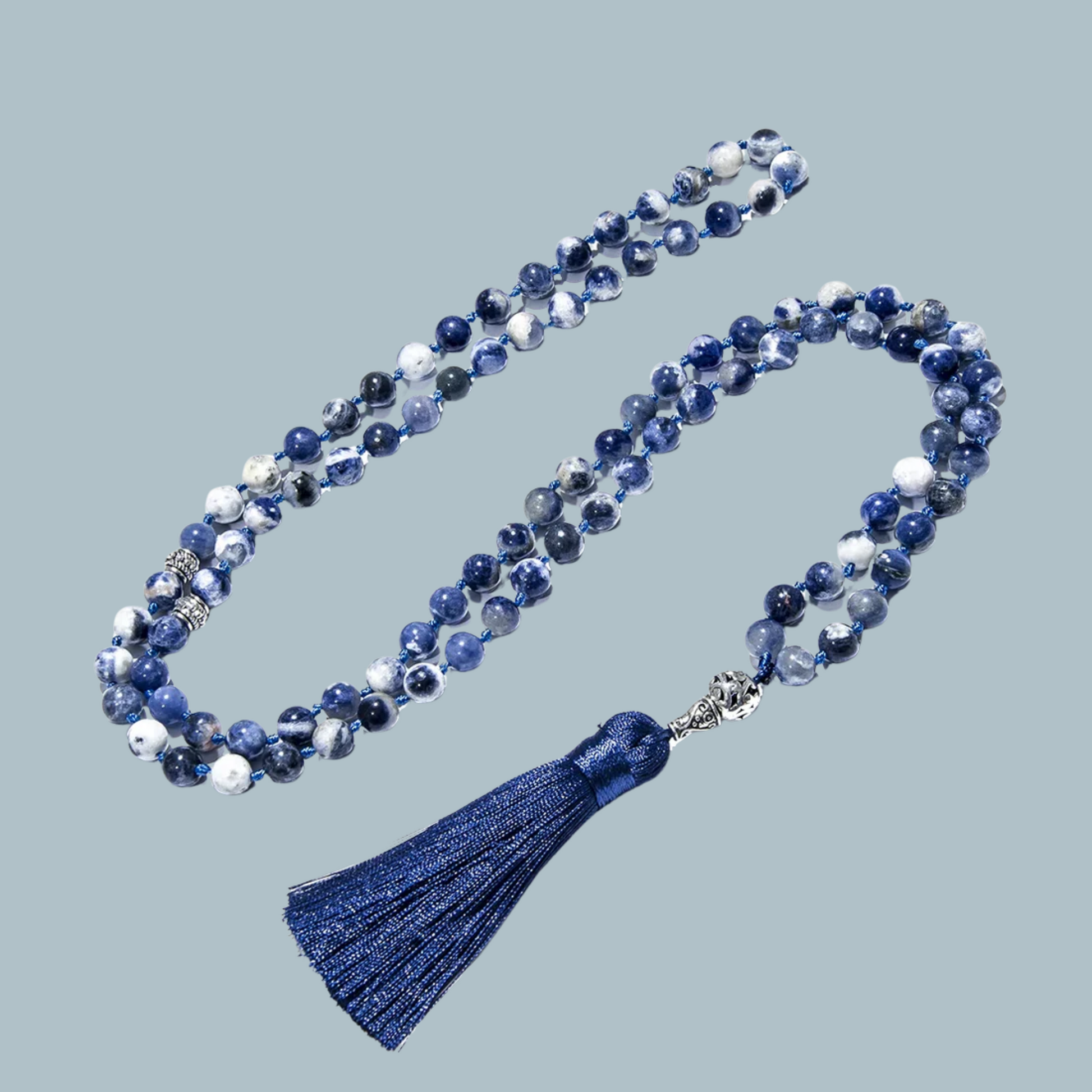 Full 99-bead Sodalite tasbih on display, showing deep blue tones