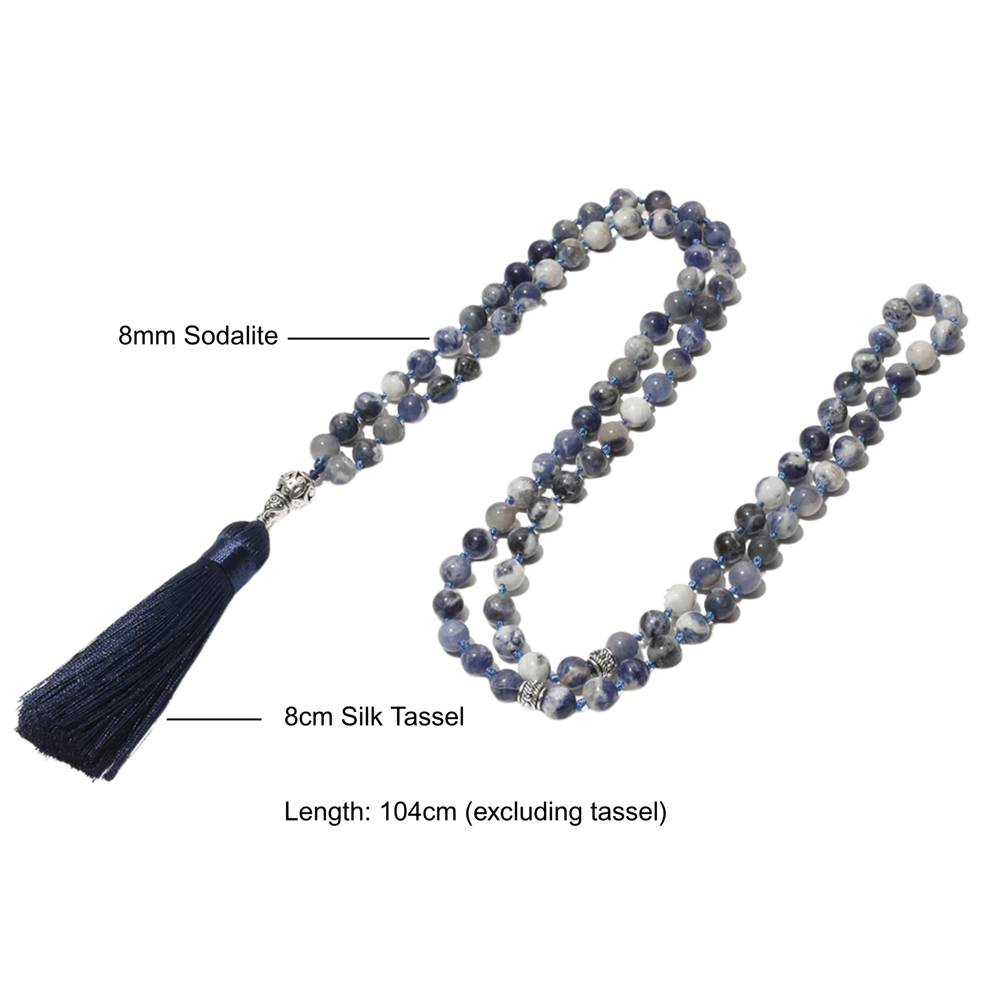 Labeled 99-bead Sodalite tasbih showing full specifications