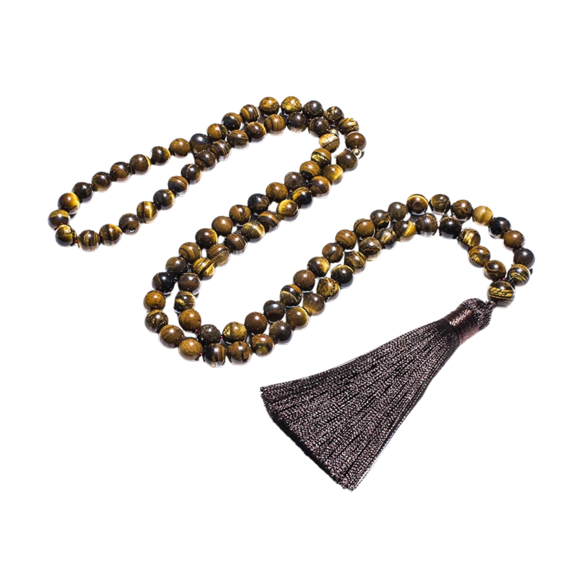 99-bead Tiger Eye tasbih on plain transparent background, emphasizing color variation